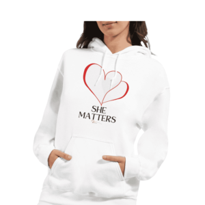 Image thumbnail of a woman wearing a white "She Matters" hoodie, available to purchase through The Australian Femicide watch project.