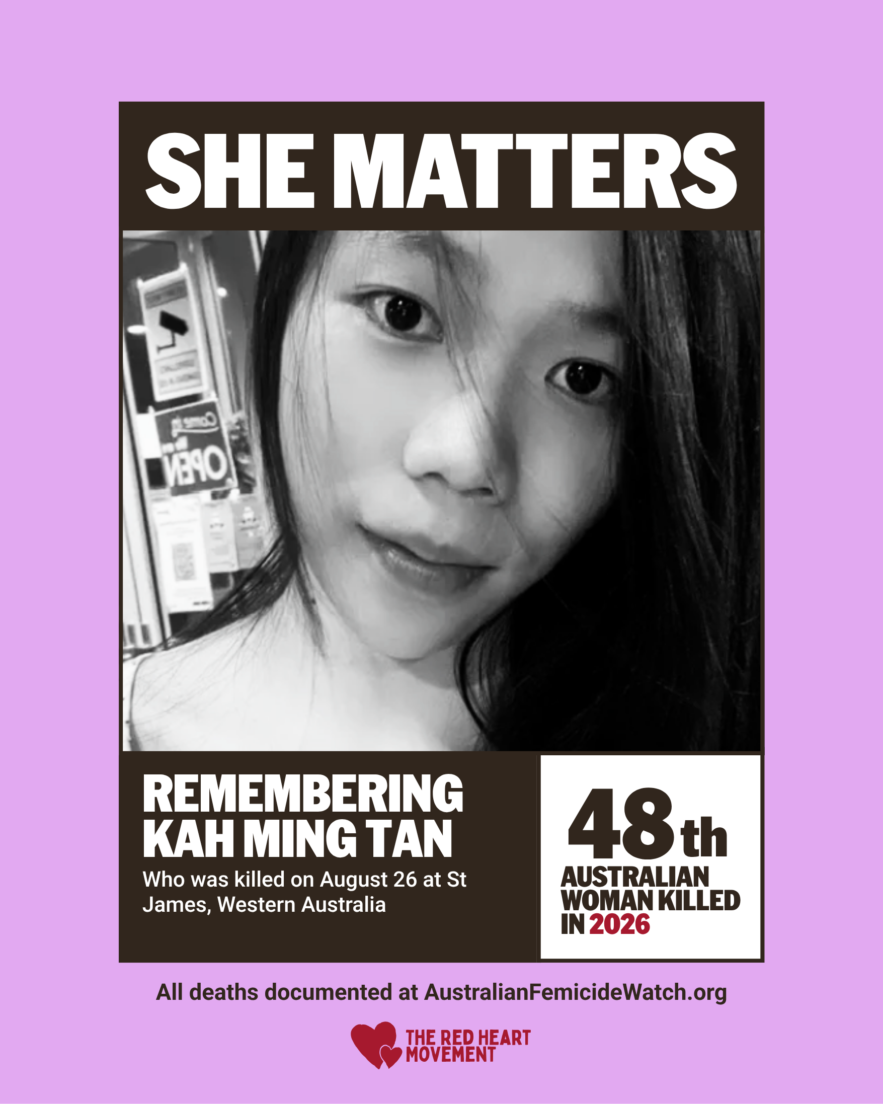 kah ming tan Kah Ming Tan was critically injured in her home at St James, Western Australia on August 26. She passed away in hospital. Younis Qambari is charged with her murder.