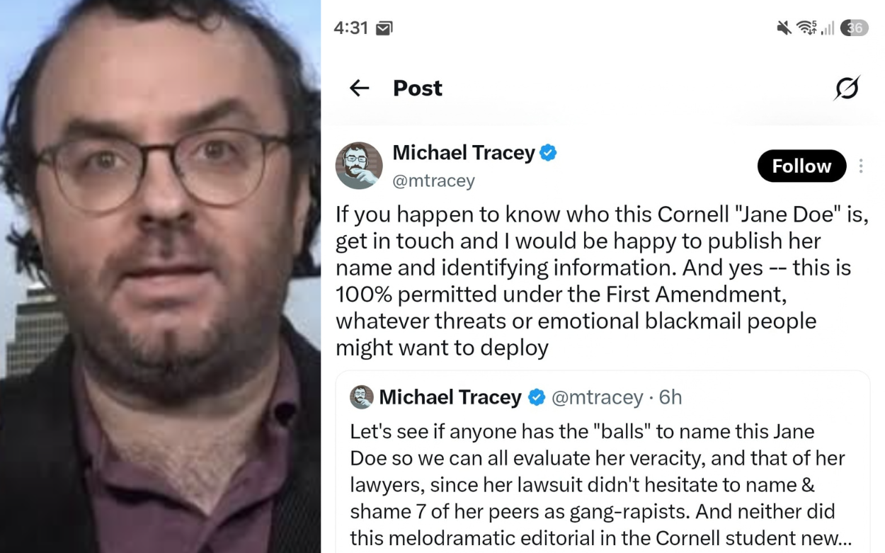 JOURNALIST MICHAEL TRACEY WANTS TO OUT CORNELL RAPE VICTIM JANE DOE